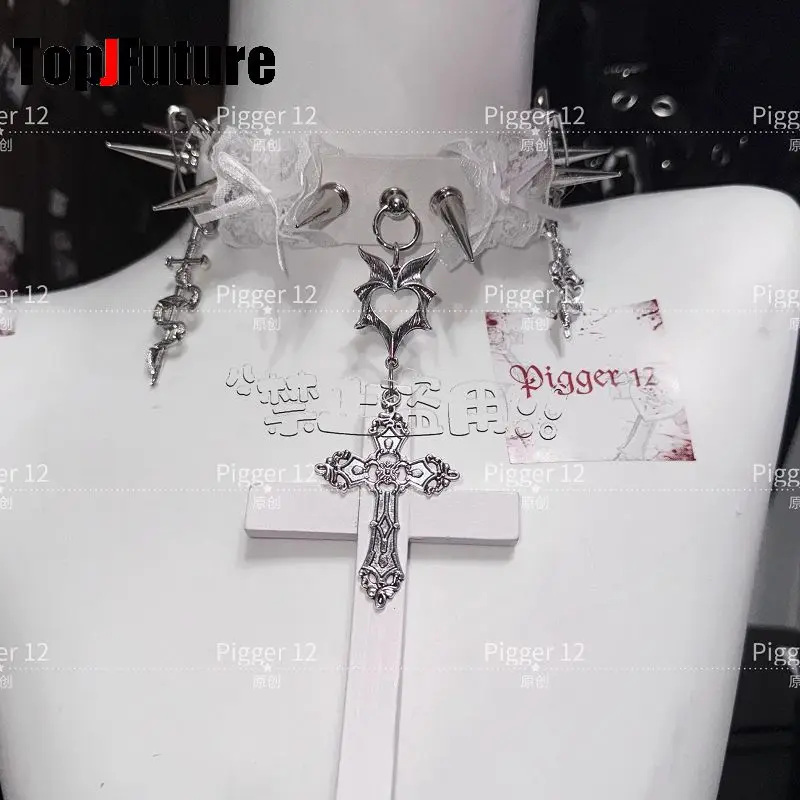 Women\'s Harajuku Steampunk Y2K The Spice Girls Punk “Angel Party”  Cross metal necklace Dark leather collar  Choker  Chokers