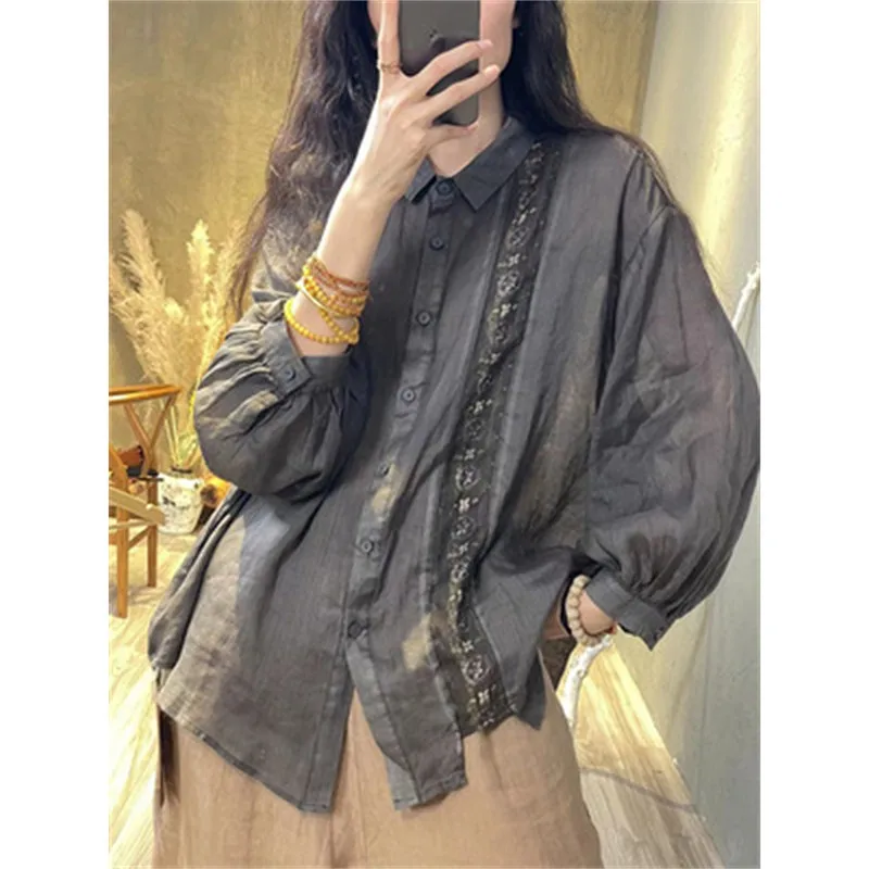 Nieuwe 2023 Lente Arts Stijl Vrouwen Lange Mouw Turn-Down Kraag Losse Shirt Katoen Linnen Patchwork Print Vintage Blouse tops C802