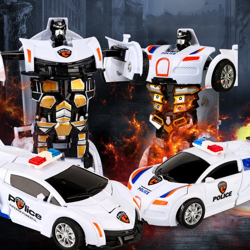 2 In 1 Car Toys Children's Collision Automatic Deformation Police Car Toy Boy Inertia Impact One-Button Transform CarRobot Model