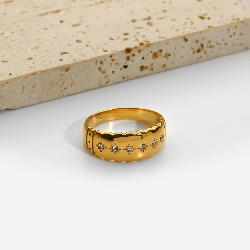 18K Gold Plated Stainless Steel Bling Stone North Star Stackable Rings for Women Trendy Bold Ring Waterproof  Everyday Jewelry