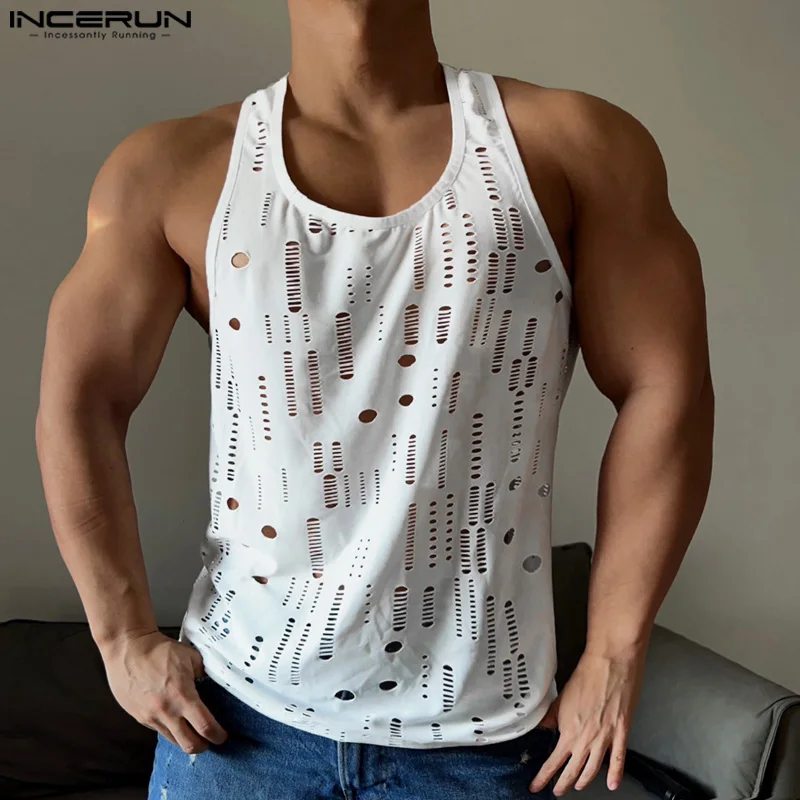 Men Tank Tops Hollow Out Solid O-neck Sleeveless Vests Streetwear 2024 Fitness Summer Sexy Fashion Men Clothing INCERUN S-5XL