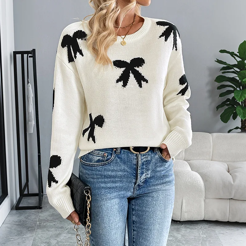 Autumn Winter 2025 Women Pullovers Sweaters Tops Round Neck Full Sleeve Jumpers Y2k Streetwear Elegant Splice Knit Print Work