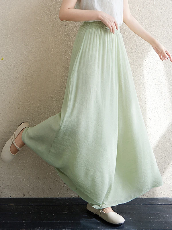 Pantalones de pierna ancha de lino y algodón para mujer, pantalones informales Retro holgados, pantalones de falda larga con cintura elástica fina