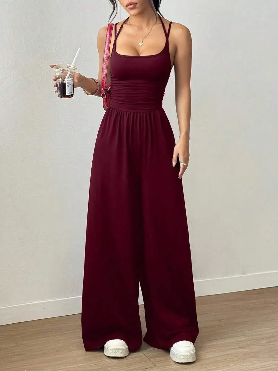 

2026 New Women Summer Red Jumpsuit, Casual Pleated Loose Wide Leg Jumpsuits, Fashion Female Daily Wear One Piece Outfit