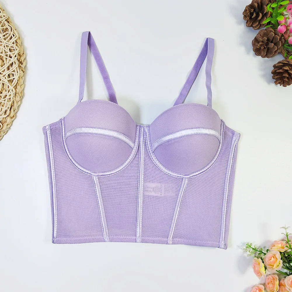 Women Boned Mesh Bustier Corset Crop Tops Push Up Bra Summer Sexy​ Sleeveless Bodices Halter Tank Top Slim Camisole Back Buckle