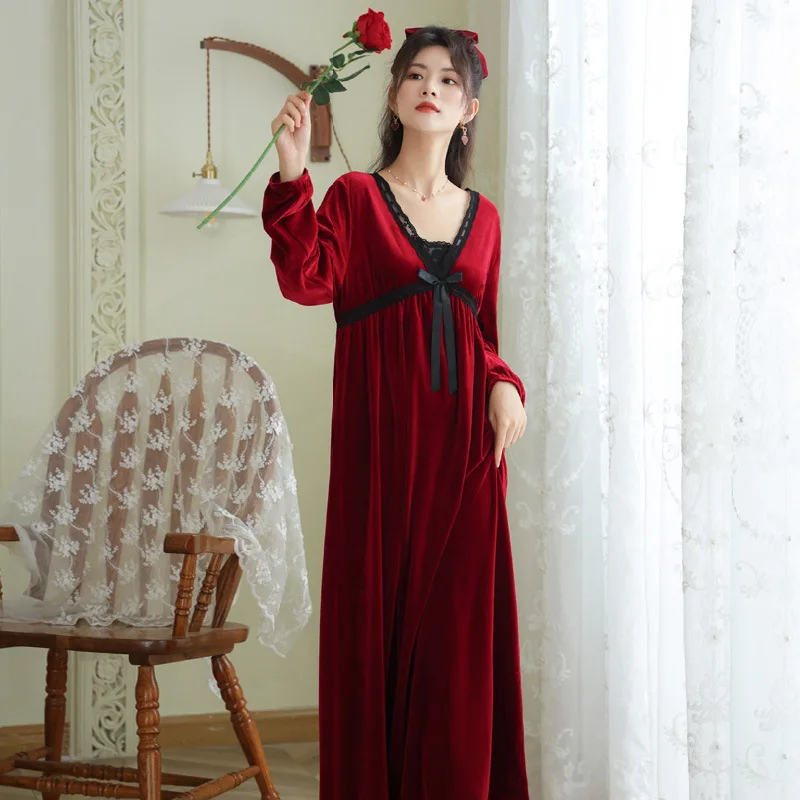 Velvet Romantic Nightgown Women Winter Retro Court Style Long Night Dress Victorian Vintage Princess Sleepwear Robe Peignoir