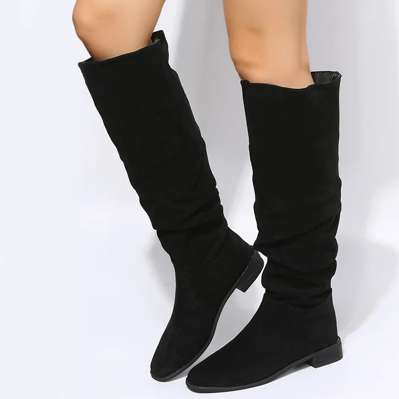 New High Quality Pleated Boots Women Black Nude Faux Suede Flock Knee High Boots Ladies Flat Autumn Winter Dress Shoe