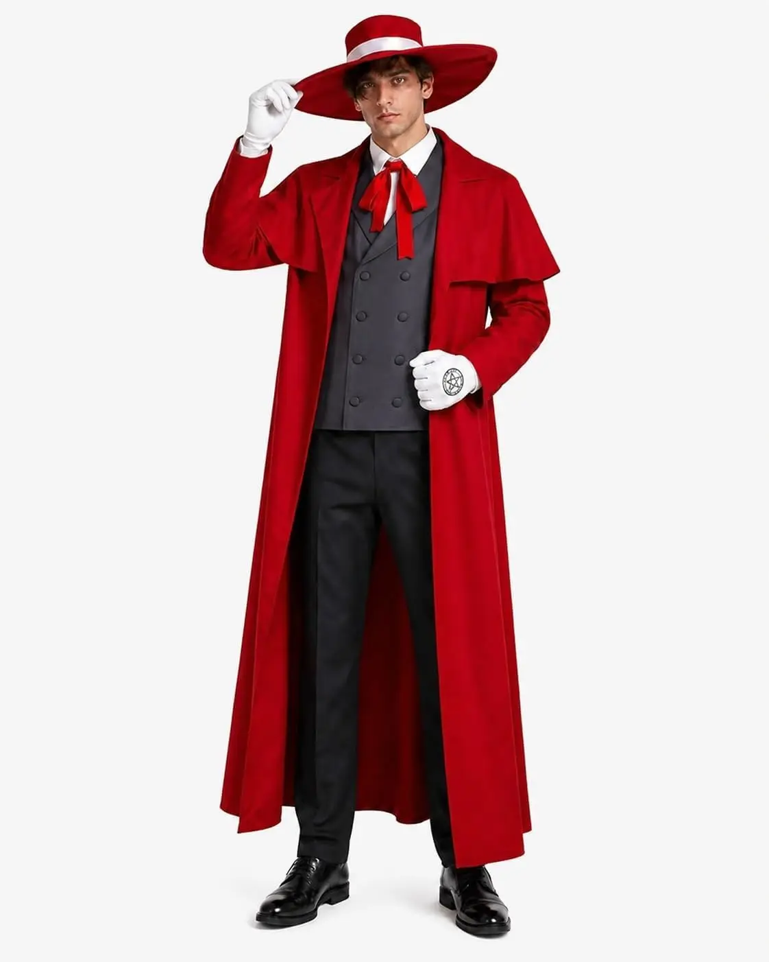Anime Alucard Cosplay Costume Men's Anime Vampire Cosplay Costume Red Long Coat Outfit with Hat Vest Shirt Pants view 2