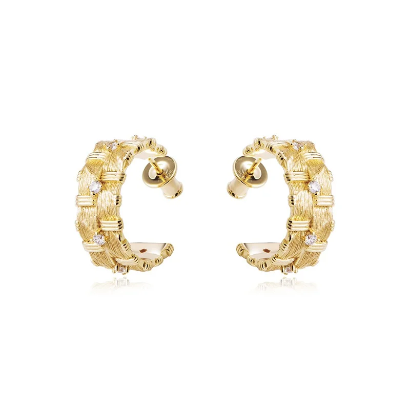 Aimgal Fine Jewelry Luxury 925 Silver 18K Gold Plated Earrings Zircon Vintage Medieval Style Raffia Straw Woven Engagement Gift