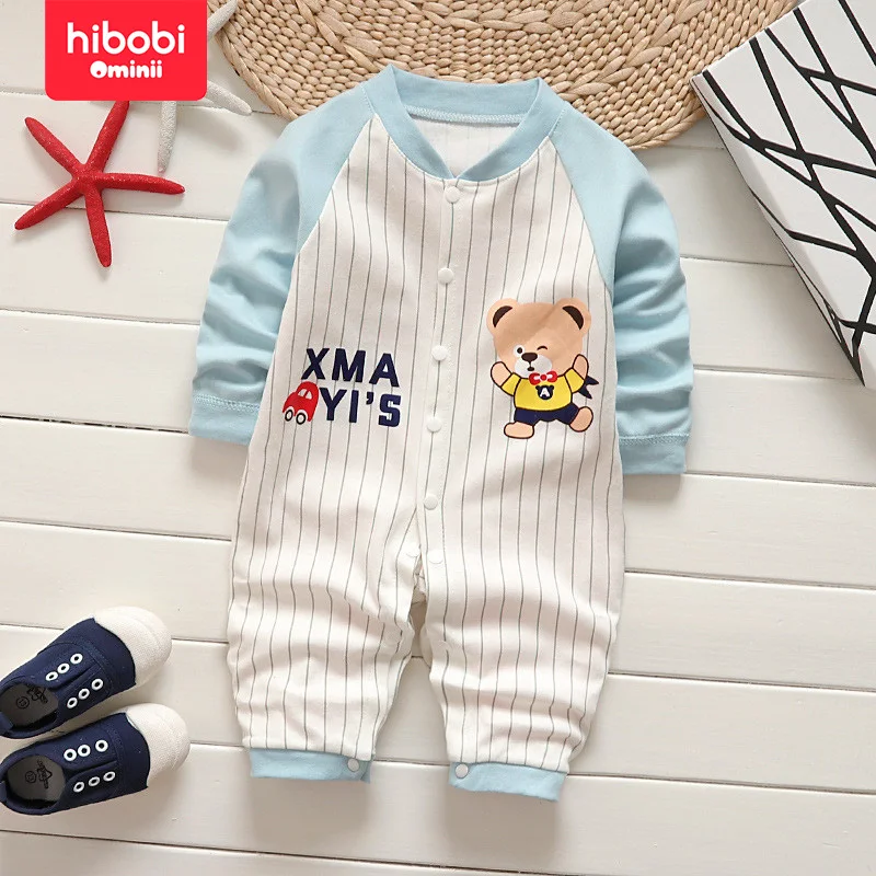 hibobi 100% Cotton Autumn Baby Cute Stripes Letter Bear Printed Crew Neck Long-Sleeved Long-Leg Romper Baby Outdoor Jumpsuit