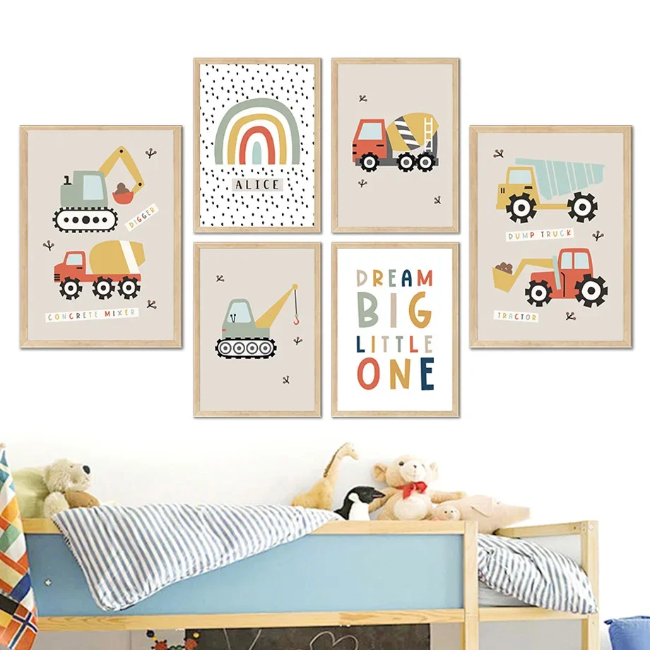 Unframe Digger Transport Dump Truck Rainbow Boho Boy Nursery Posters Prints Canvas Painting Wall Art Pictures Baby Kids Room Dec