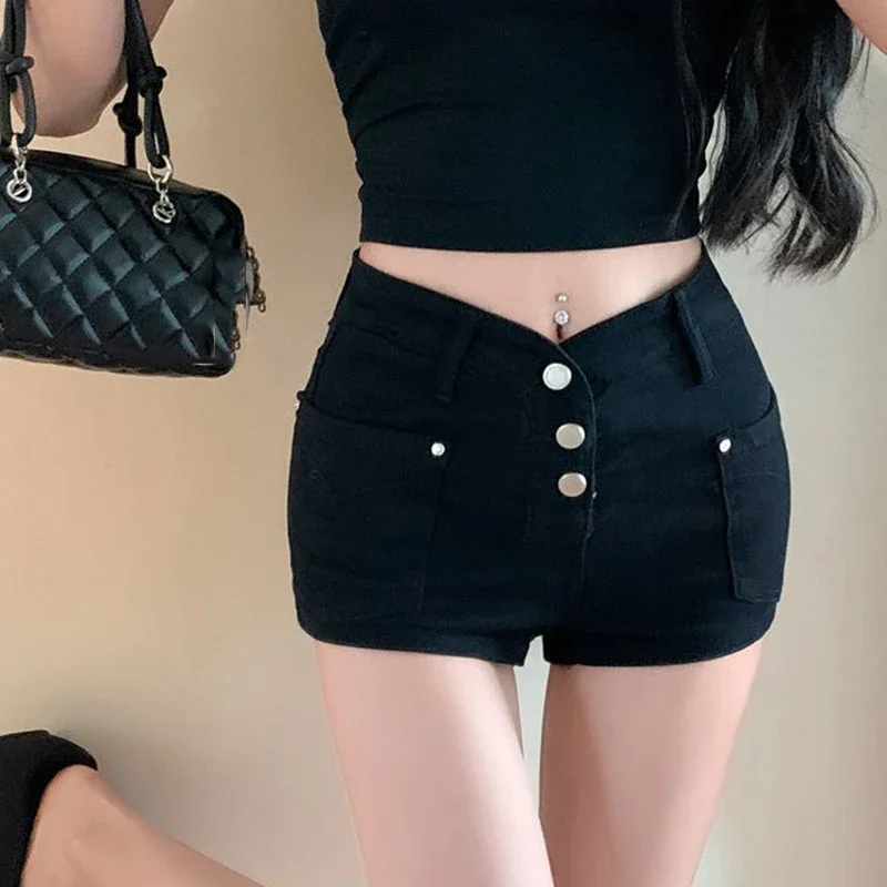 

American Style Slimming Mini Shorts Women Harajuku Style Button Tight Shorts Female Y2K All Match Straight Short Trousers Mujer