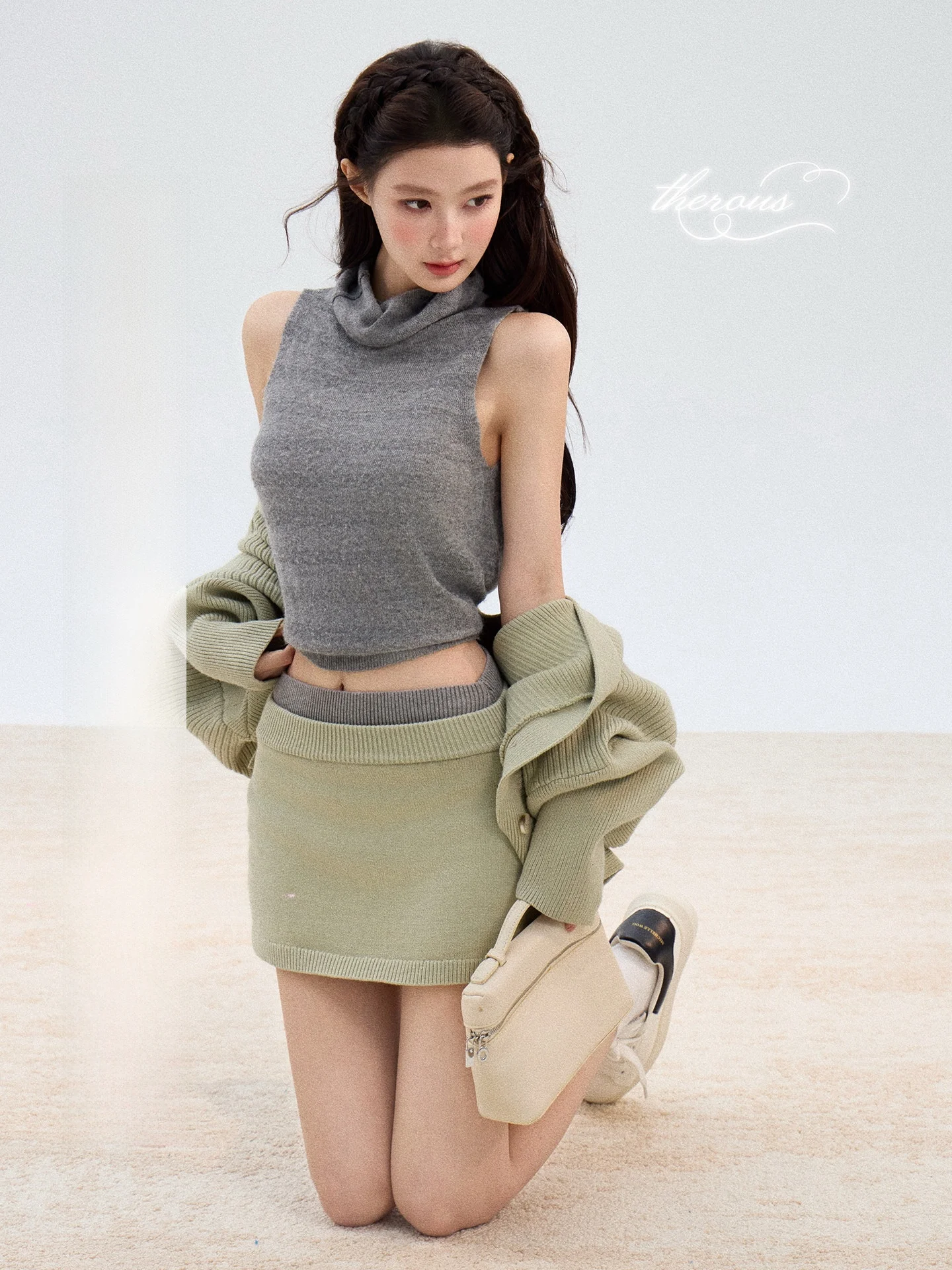 

Exue Batwing Sleeve Knitted Vest Short Women's Base Layer Spring Color Block Waist Shaping Bodycon Half Skirt Set