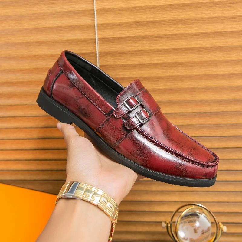 Square Headed Double Buckle Loafers for Men Anti Slip Comfortable Breathable Formal Business and Casual Shoes