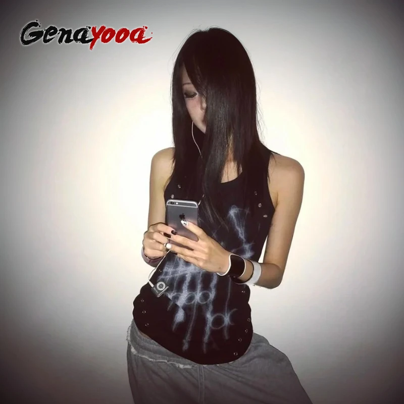 

Genayooa, топы на бретелях с готическим принтом, женские сломанные черные Y2k, винтажные топы в стиле гранж, уличная одежда, эстетичная японская футболка без рукавов 2000-х годов