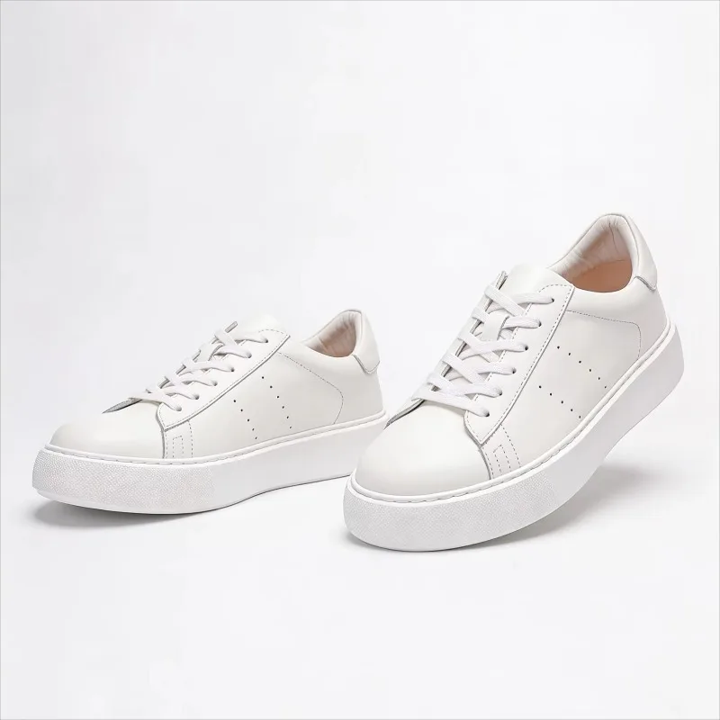 Designer Luxury Cow Leather Men Shoes White Thick Sole Breathable Non Slip Genuine Leather Commuting Sport Shoes Male Flats