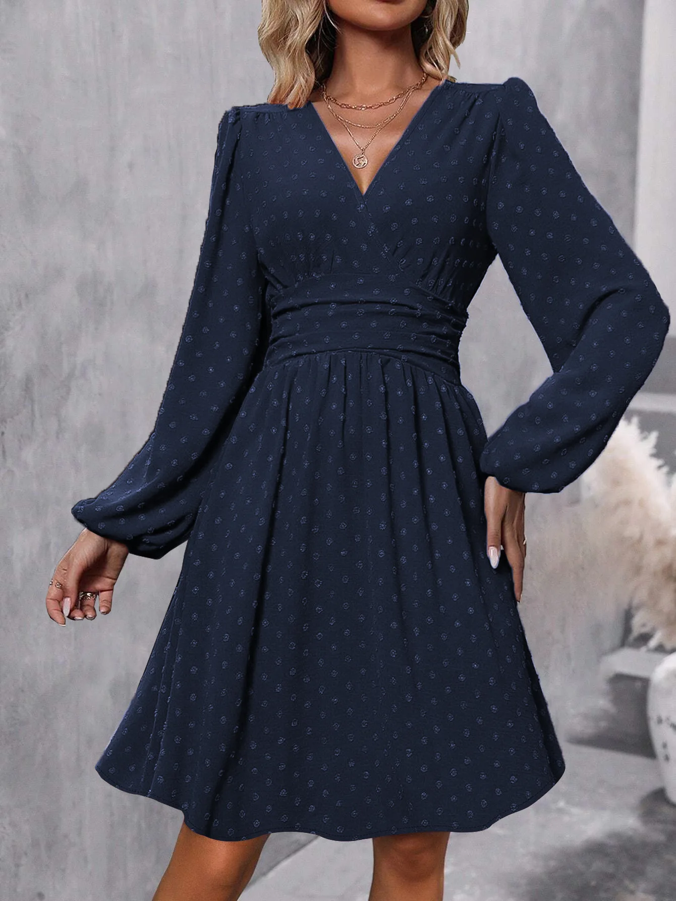 

Women's Cyan Polka Dot Deep V Neck Lantern Sleeve Wrap Waist Flared Hem Mini Dress Casual Daily Party Fashion