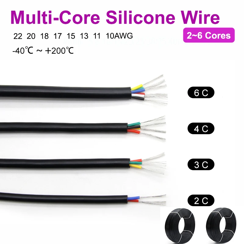 

1/3/5/10m Black Heat-resistant Silicone Wire Sheath cable 22~10 AWG 2 Core 3C 4C 6C Insulation Audio Electric Power Wire Wiring