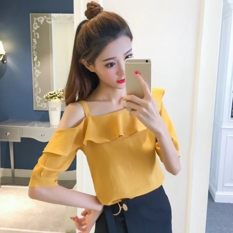 

Women's Blouse Chiffon Shirt with Ruffle Edge and A Single Neck Top, Short Sleeved Summer New