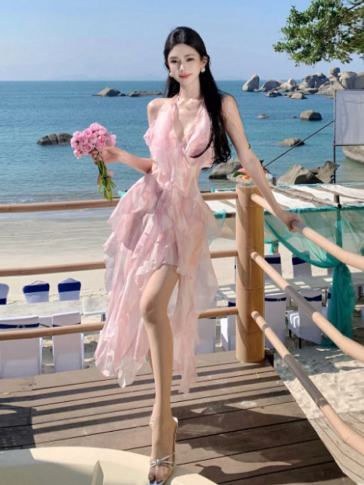 

Unique Beautiful Ruffle Hem Backless Beach Vacation Style Sexy Strapless Dress Cotton Summer Casual Urban Commute Beach Travel