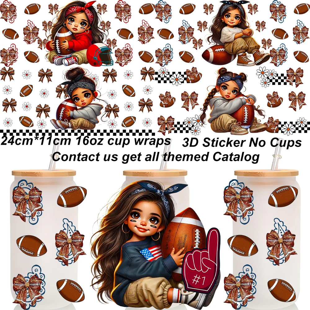 American Football Theme Designs 3D Gift Crystal Stickers 16oz Cup Stickers UV DTF Waterproof Cute Baby Girl Pattern Cup Wraps
