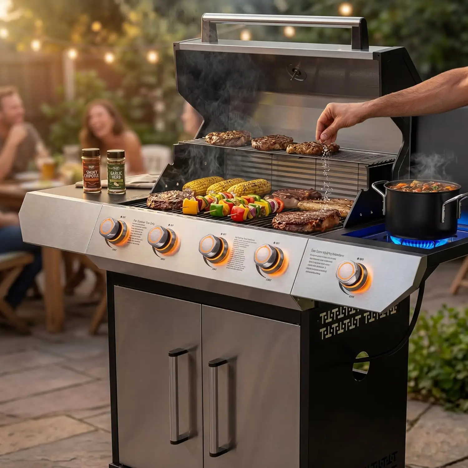 

Led 4-Burner Gas BBQ Grill with Side Burner Led Knob, Barbecue Grill with Porcelain-Enameled Cast Iron Grates, 60,000 BTU Stainl