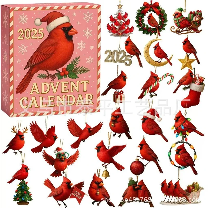 Acrylic 2D Flat  Red Cardinal Christmas Countdown Calendar Gift Box For Home Table Centerpiece For Couples And Families