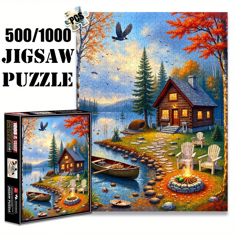 500 또는 1000피스 대형 직소 퍼즐 - 가을 잎사귀가 있는 호숫가 통나무집 가을 풍경, 성인용 긁힘 방지 종이 퍼즐