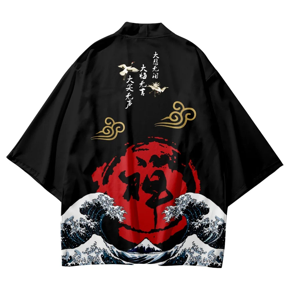 

Wave Crane Print Cardigan Kimono Beach Women Men Cosplay Haori Yukata Japanese Traditional Samurai Asian Clothing