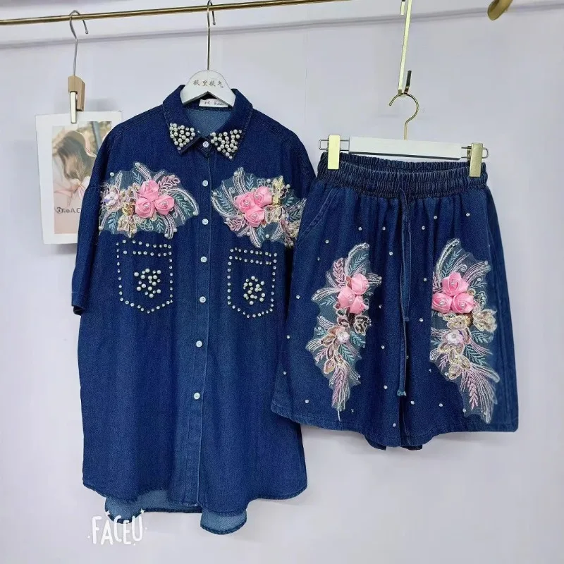 

Heavy Industry Two-Piece Set Fashion Denim Suit Women's Cardigan Shorts European Station Personality Loose Age Reduction Sets