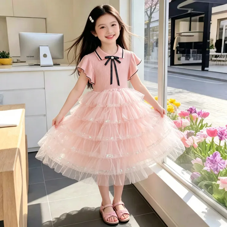French design 2-15 pink gray baby girls dress teenager Lotus leaf sleeve Layered princess dresses junior kids frock child