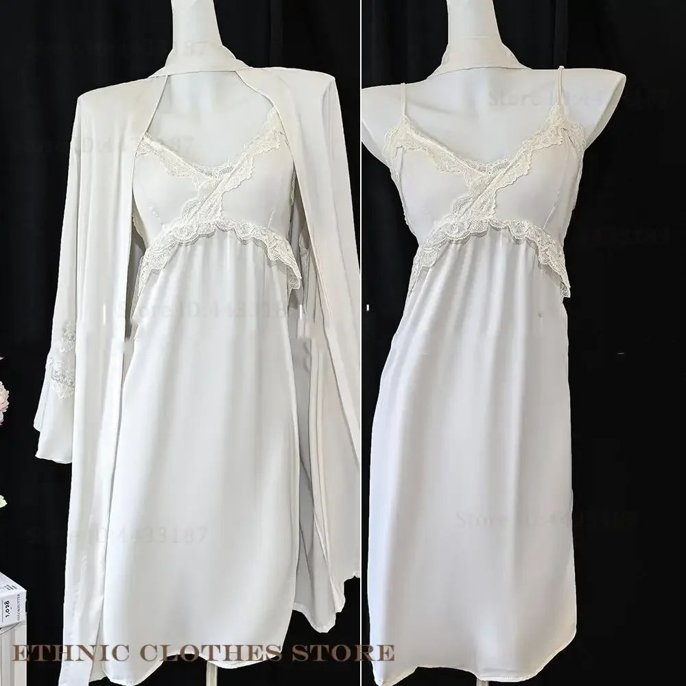 

Female Nighty&Robe Set Lingerie Sexy Lace Trim Nightgown Sleepwear Spring Summer Kimono Gown Bathrobe Loose Homewear Pajama