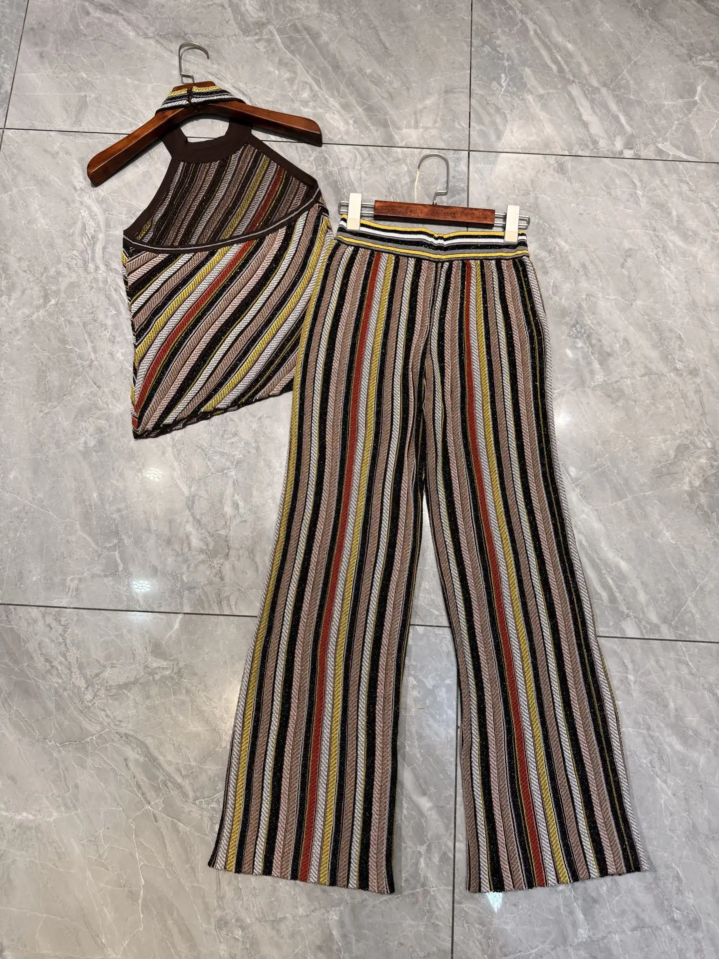 Women Metallic Striped Knitted Set Halter Round Neck Sleeveless Vest + Elastic Waist Straight Long Pants Vintage Knit Suits