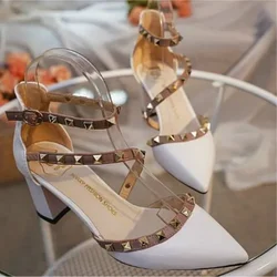 Rivet Pointed Toe White Sexy Women's Shoes Summer 2025 Buckles Sandals for Woman High Heels Party Weddings Footwear Thick Heel H