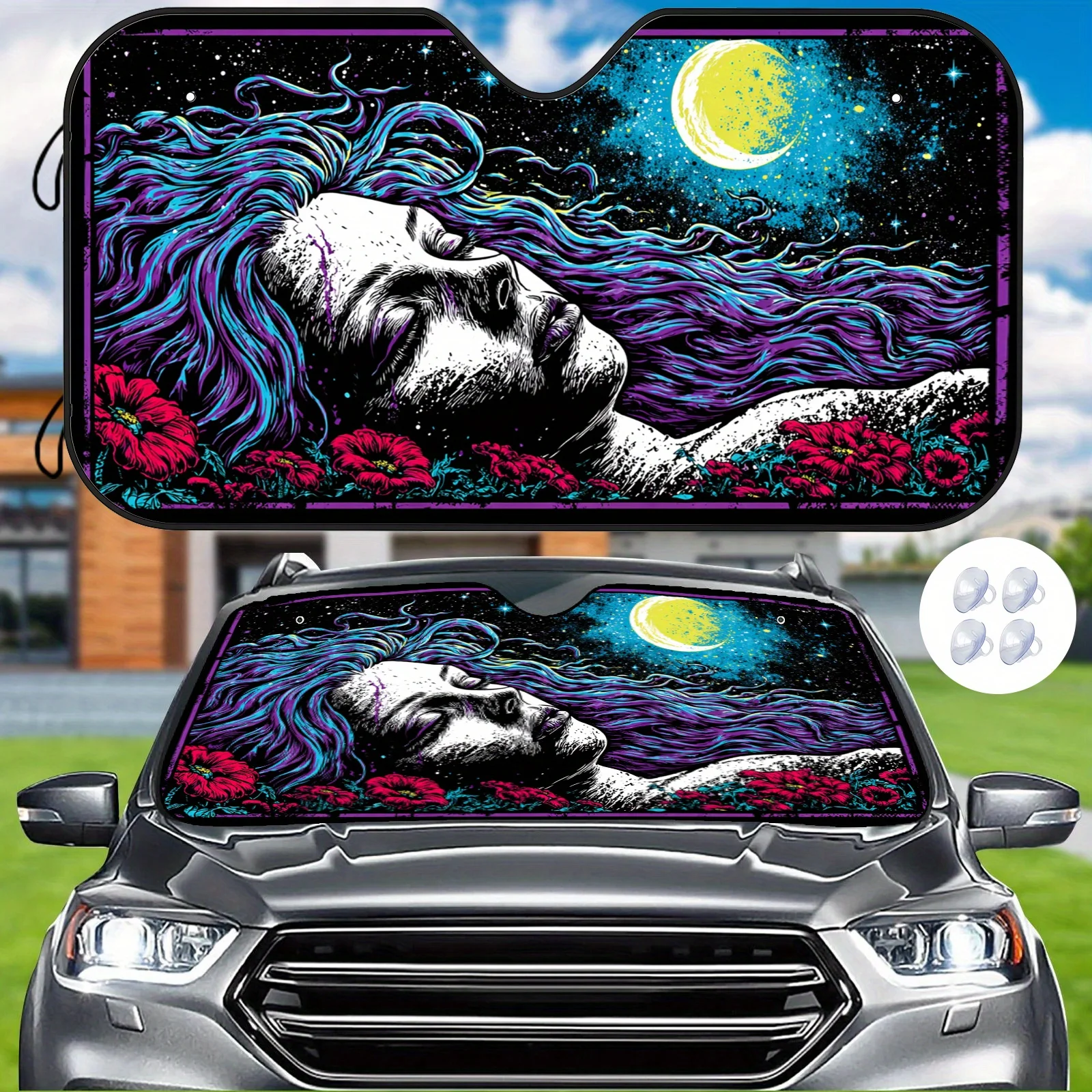 Dreamscape Star Moon Car Front Windshield Sunshade With Aesthetic Floral Sea Portrait Line Art, Includes Mounting Suction Cups T