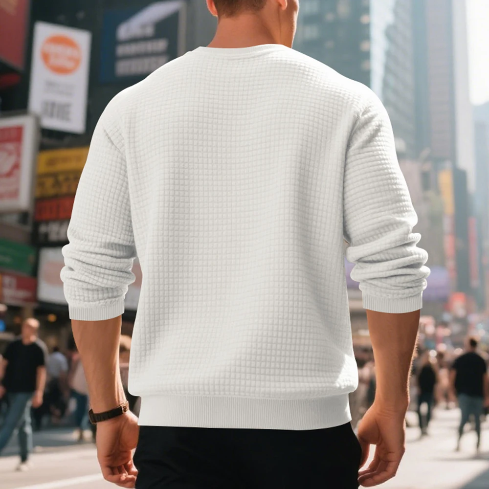 بلوفر جاكار صغير الحجم للرجال عادي أساسي فضفاض للربيع والخريف بأكمام طويلة ورقبة مستديرة نمط ملابس علوية غير رسمية متعددة الاستخدامات