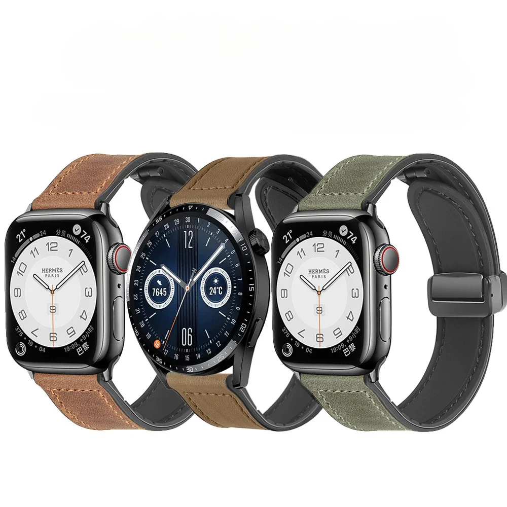 Pulseira de couro com fivela dobrável magnética, capa de silicone, padrão Crazy Horse, Samsung iWatch, Apple Huawei GTwatch4