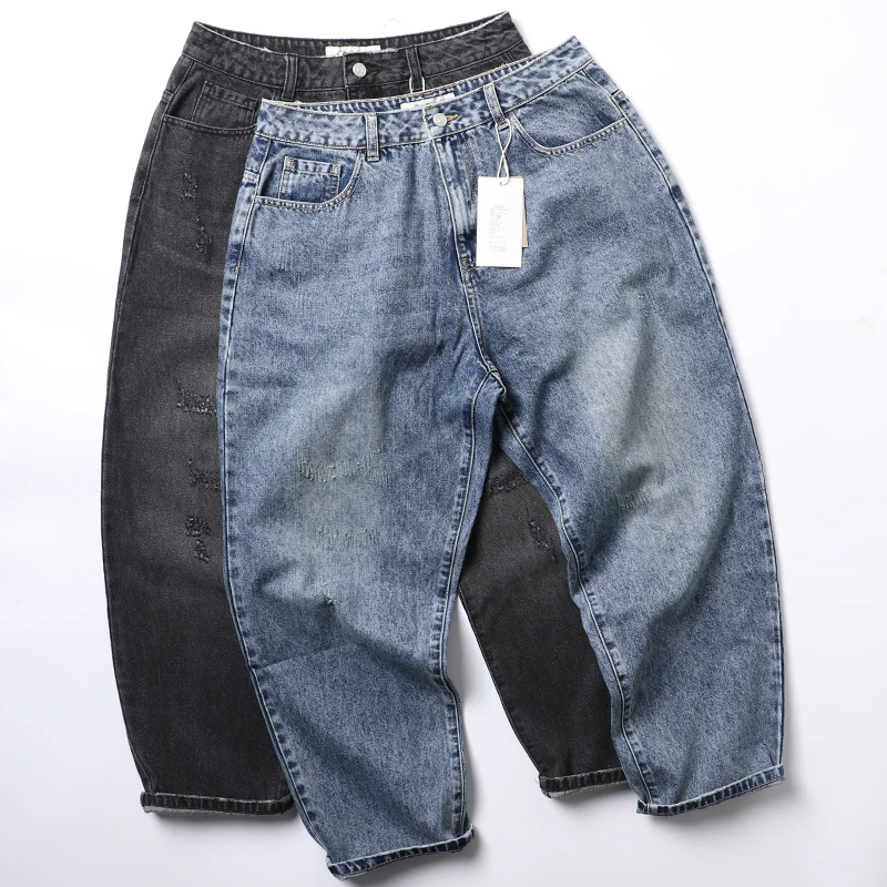 

Японские джинсы из плотного денима с рваными элементами, свободные, широкие, мужские, в стиле Dad, модные, повседневные, прямые, длинные