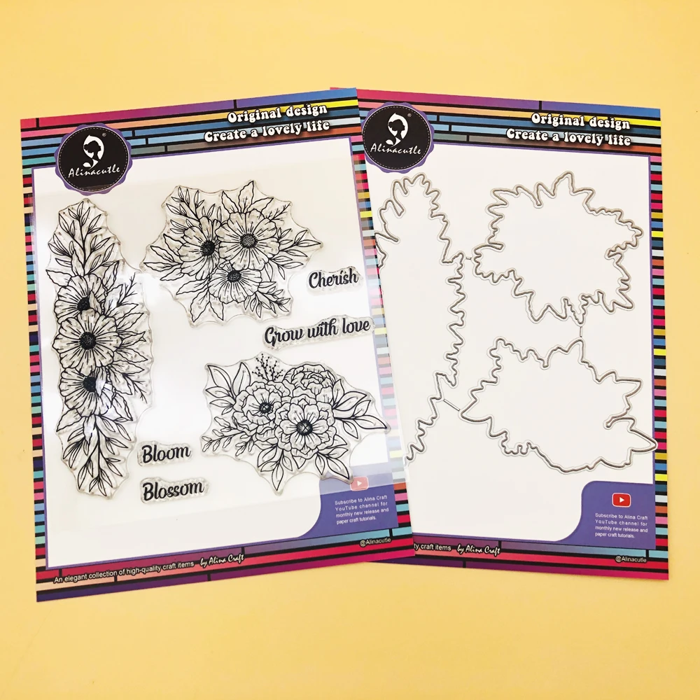 Alinacutle CLEAR STAMPS Blumen mit Stanzformen, geschnittene Stanzform, DIY-Karte, Scrapbooking, Papierhandwerk, Gummi, transparente Silikonstempel