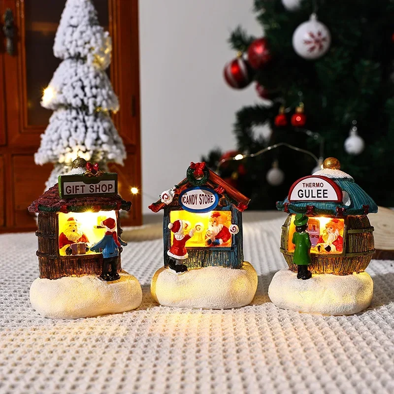 

Christmas LED Houses Christmas Snowman Glowing Ornaments Resin Santa Claus Pine Needles Snow View Holiday Gift Toys for Kids