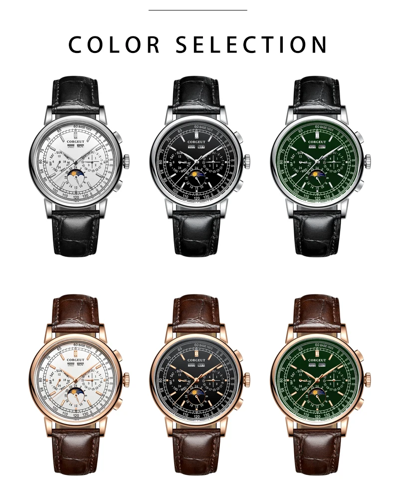 CORGEUT Luxus-Herrenuhr 41mm Automatische Mechanische Uhr mit Lederarmband Saphirglas Anzeige von Jahr, Datum & Woche – Detail 8