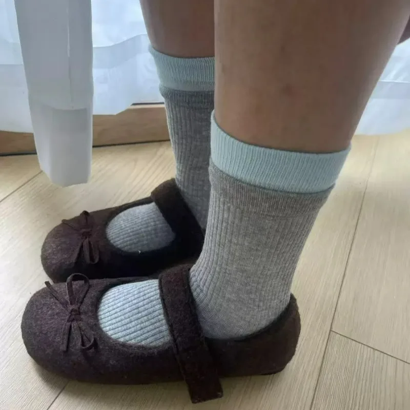 1/4Pairs خليط اللون الجوارب النساء الخريف محبوك وهمية قطعتين منتصف أنبوب جوارب Harajuku بلون جوارب قطنية غير رسمية #3