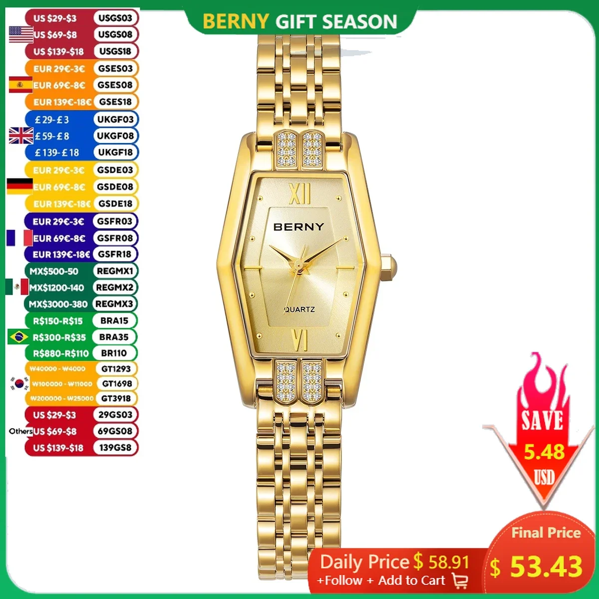 BERNY Gold Watch for Women Full Stainless Steel Quartz Women\'s Watches Casual Luxury Fashion Waterproof Ladies Wristwatches