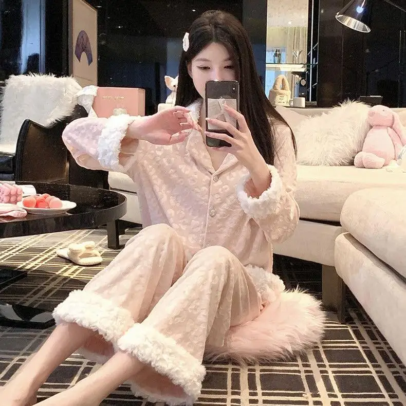 

Pajama Sets Nightwear Women Cotton Beautiful Frill Detail Soft Breathable Colorful Print Button Front Long Sleeve Pants Spring