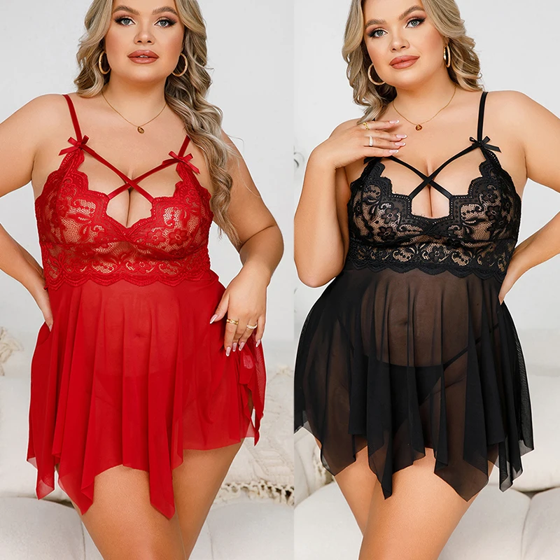 Pijamas eróticos de talla grande para mujer, ropa de tul de verano, camisones sin mangas con espalda descubierta, sujetador Sexy con pantalones en T, vestido Babydoll de encaje