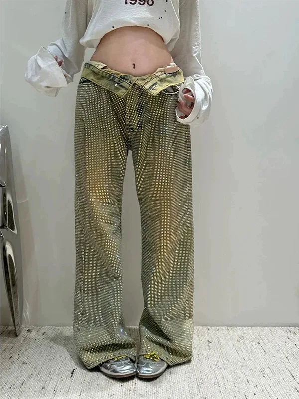 

Y2K американские джинсы в стиле ретро, женские летние свободные брюки со звездами и бриллиантами, новые нишевые широкие брюки для девочек