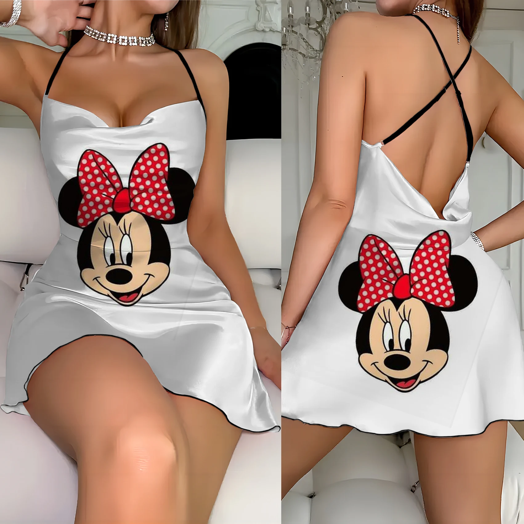 

Mickey Cross Suspender Dress Lettuce Trim Crew Neck Elegant Dresses for Women Disney Minnie Mouse Fashion Summer 2024 Backless