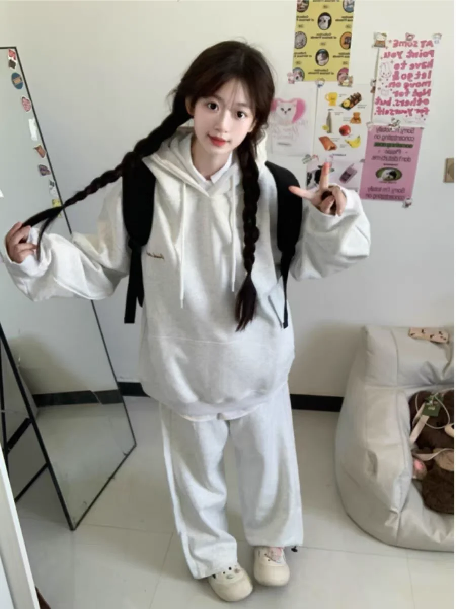 مجموعة سويت شيرت بقلنسوة جديدة للربيع والخريف للنساء - بلوزة فضفاضة بأكمام طويلة على الطراز الكوري وسراويل طويلة طقم مكون من قطعتين