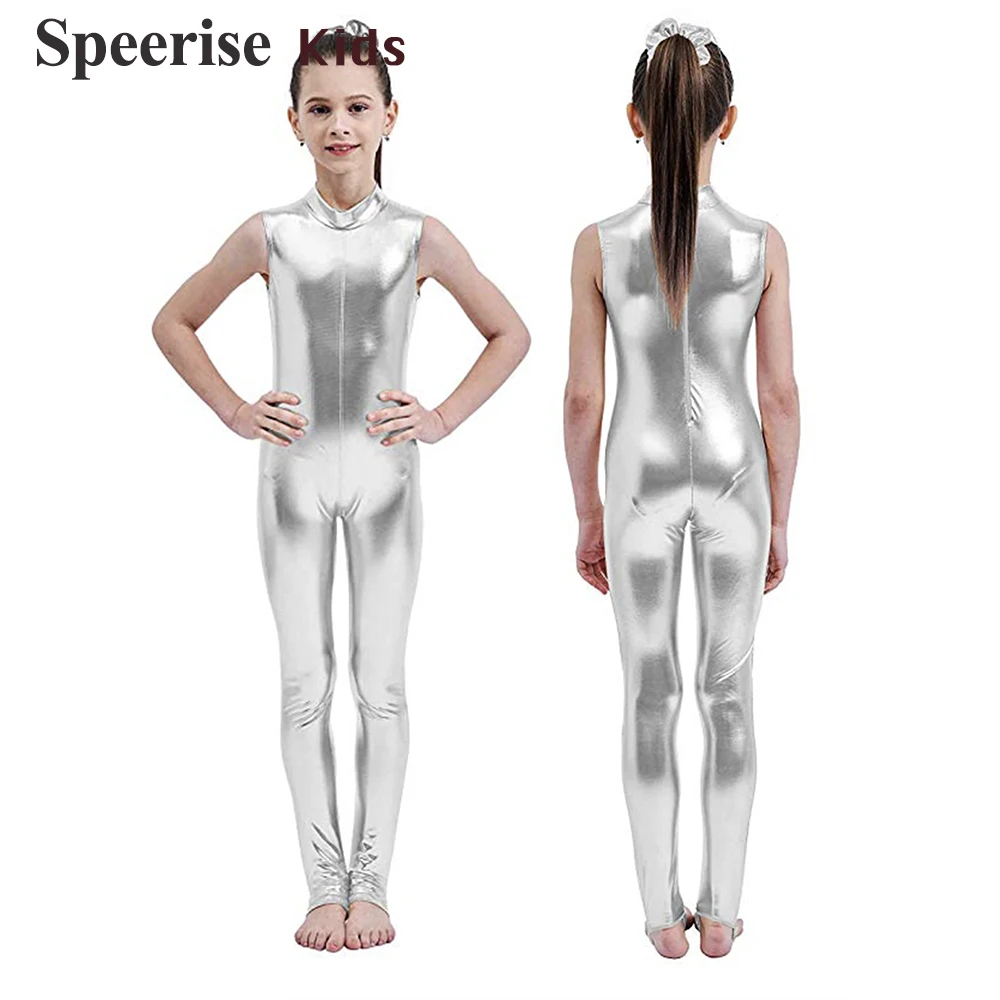 

Child Shiny Metallic Spandex Unitard Catsuit Sleeveless Dance Wear Performer Clothes Girls Bodysuit Onstage Dancewear For Teens