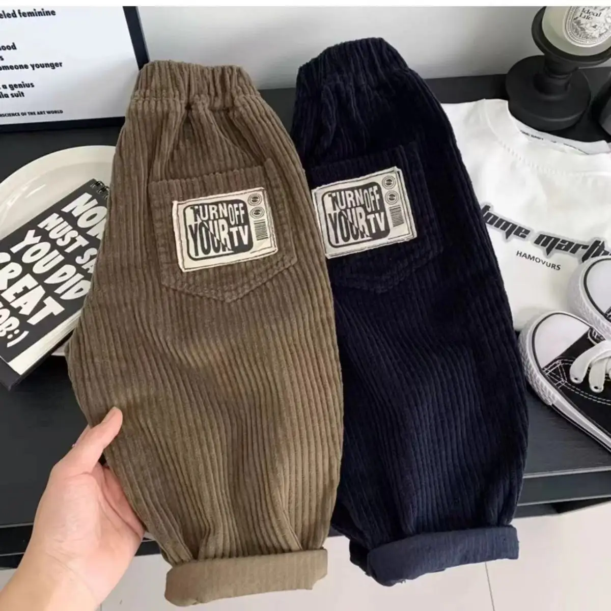 

New Corduroy Elastic Waistline Drawstring Trousers Autumn Boys Cartoon Pants Kids Sport Casual Pant Children Clothes
